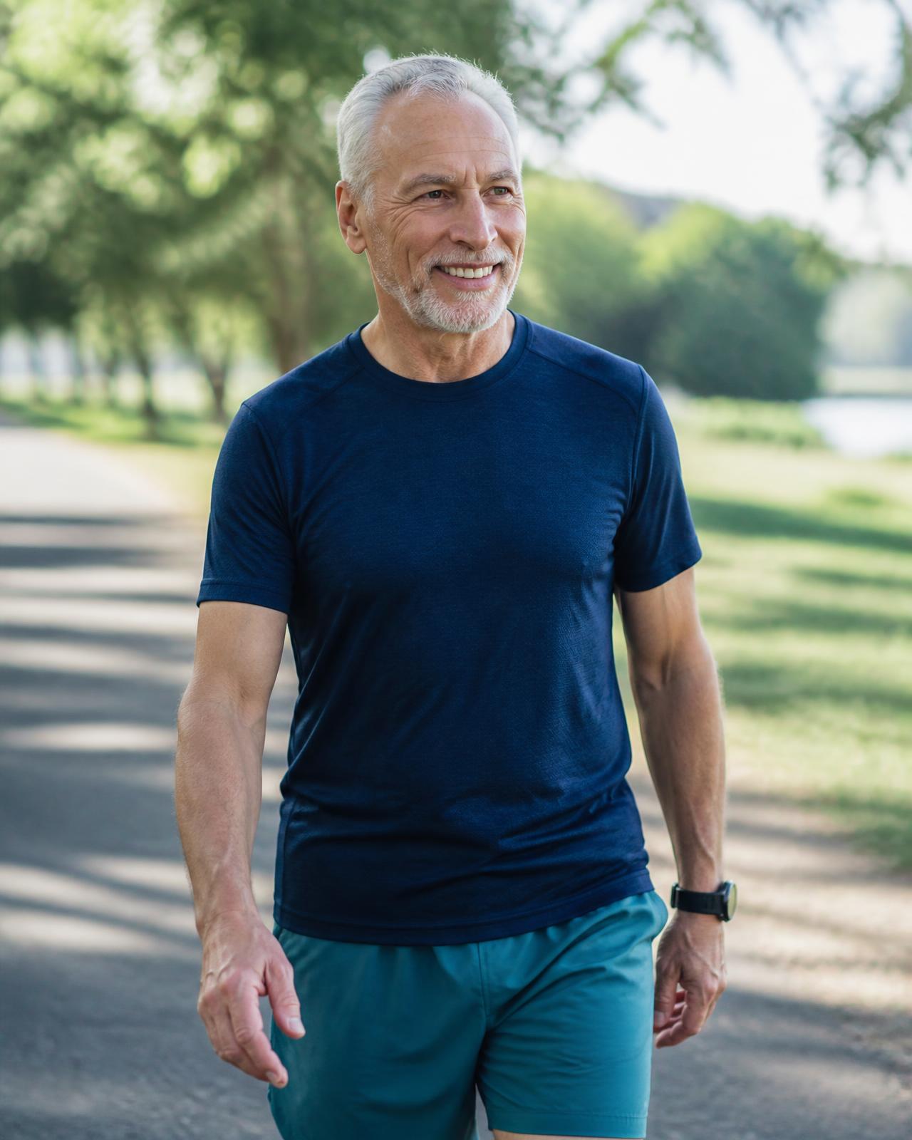 An active man in his sixties walking comfortably on a sunlit park path